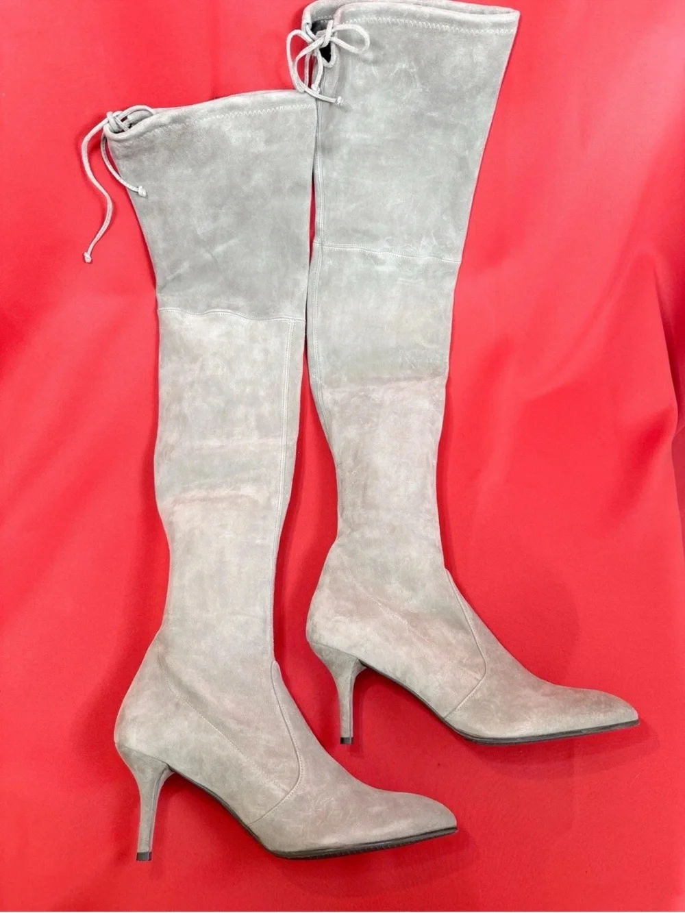 US 10.5 Spain Stuart Weitzman Boots Over Knee Suede Heel Almond Toe Light Grey